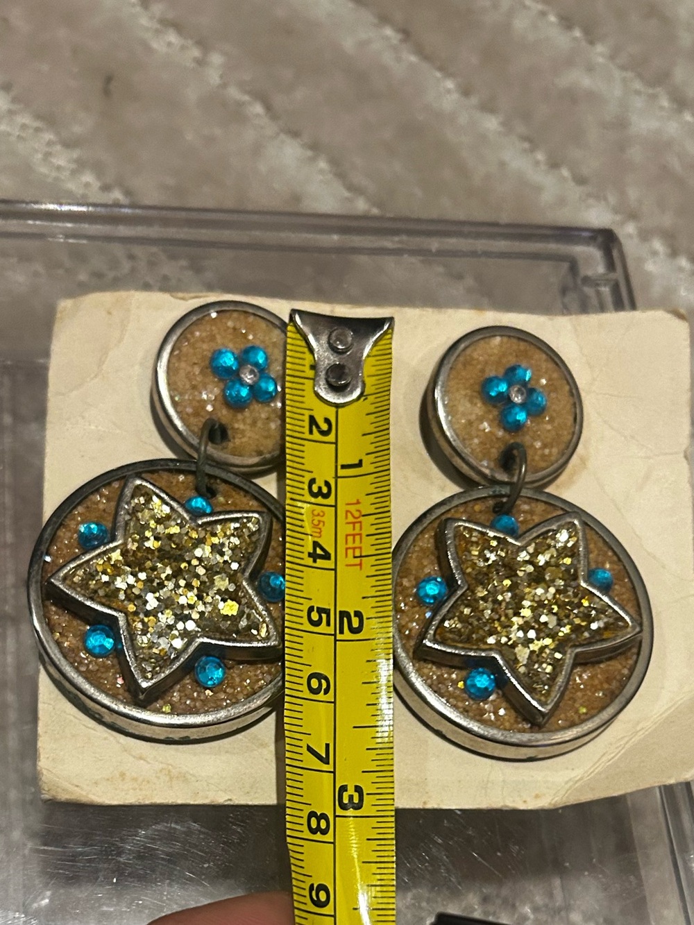 Gold Glitter Star Drop Earrings pierced ears with Turquoise Accents